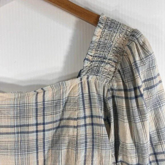 Oak + Fort Plaid Cropped Top Size M Cotton Puff Sleeve Blue Summer Western *READ - Picture 2 of 9